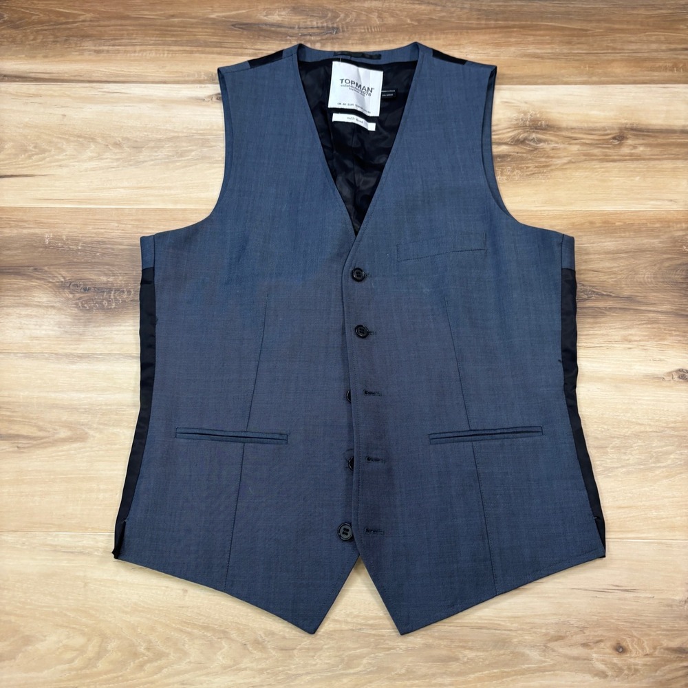 Topman Suit Vest Mens 40 Minimal Wool Blend Tailored Waistcoat Blue-Gray Formal